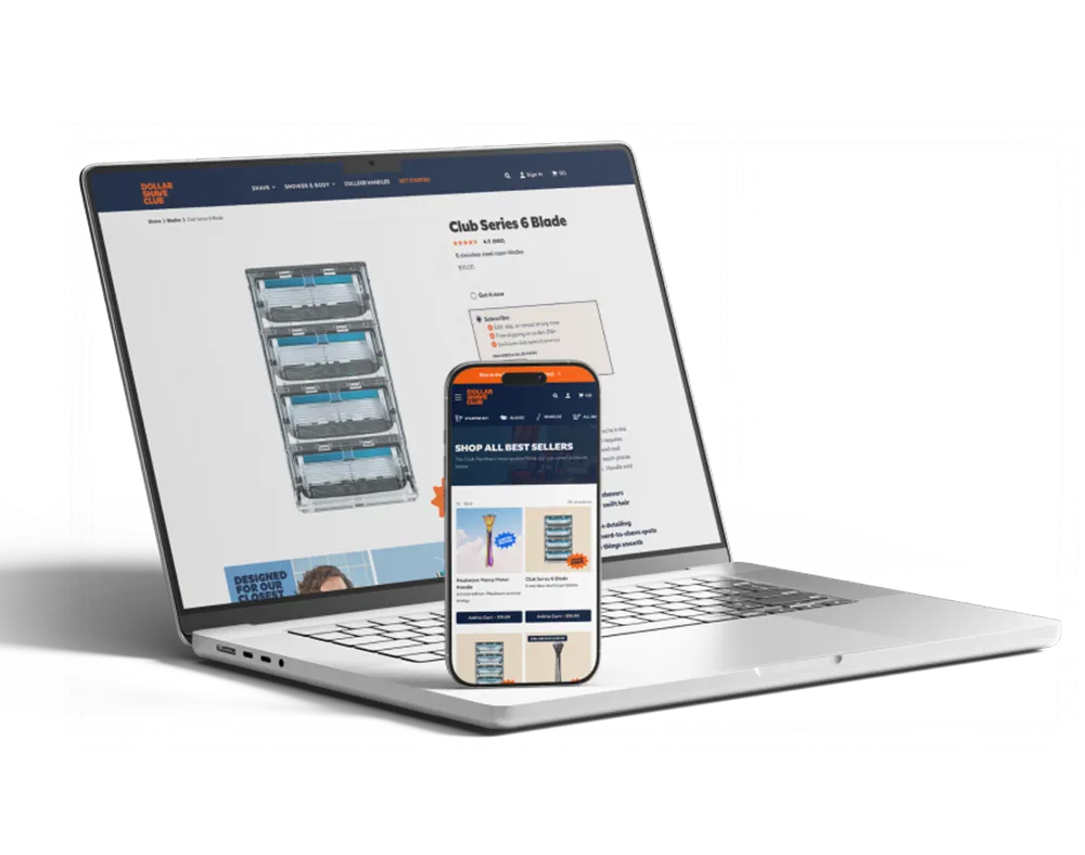 Laptop and smartphone showing Dollar Shave Club product pages with razors for sale.