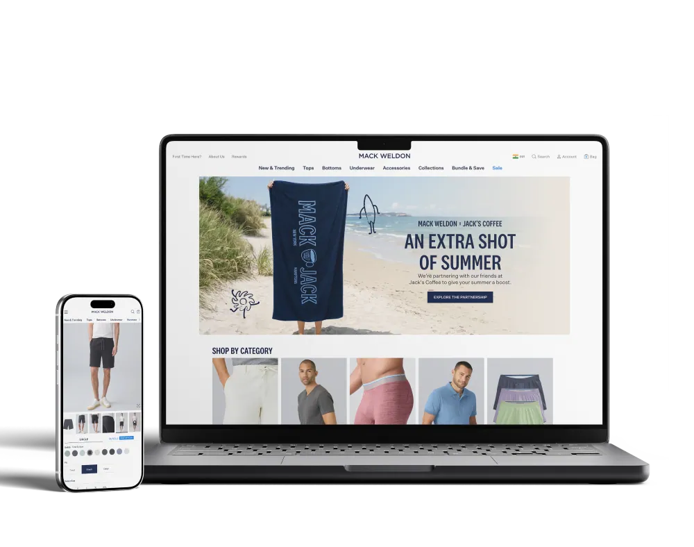 Laptop and smartphone showing Mack Weldon clothing website with product and summer promotion.