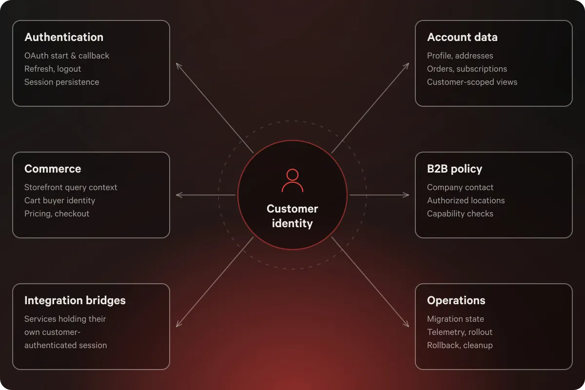 Customer identity at the center of six domains: authentication, account data, commerce, B2B policy, integration bridges and operations