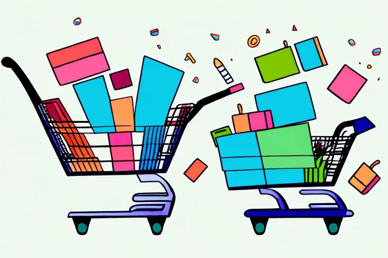a shopping cart overflowing with items, with a few items falling out, hand-drawn abstract illustration for a company blog, in style of corporate memphis, faded colors, white background, professional, minimalist, clean lines