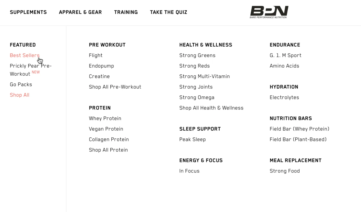 BPN, a partner brand of Anatta, helps create a seamless user journey with a "Best Sellers" category in their main navigation.