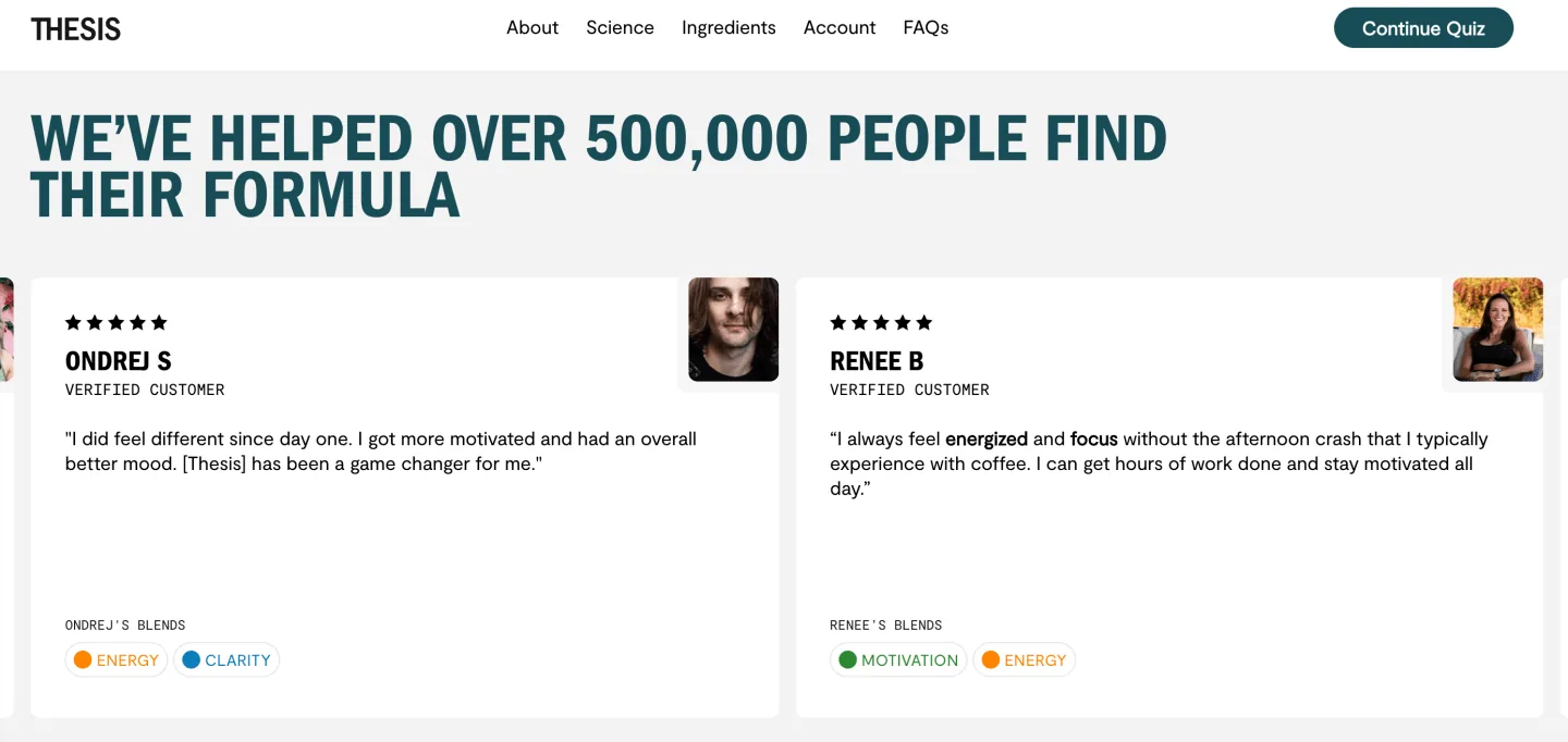 Thesis, a partner of Anatta since 2022, displays customer testimonials right on their homepage.