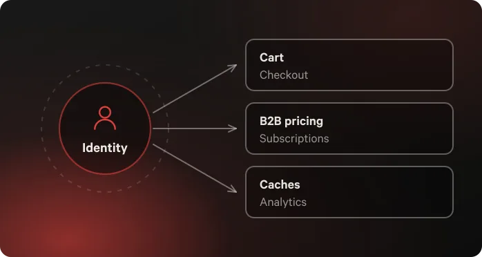 Customer identity linked out to cart, checkout, B2B pricing and subscriptions on a headless storefront