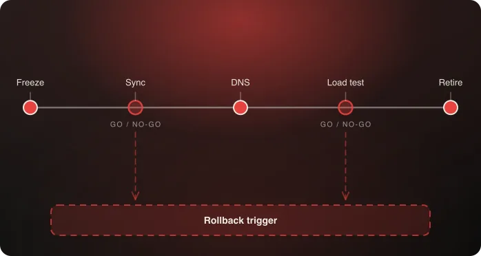 An hour-by-hour cutover runbook with go/no-go checkpoints and a rollback branch