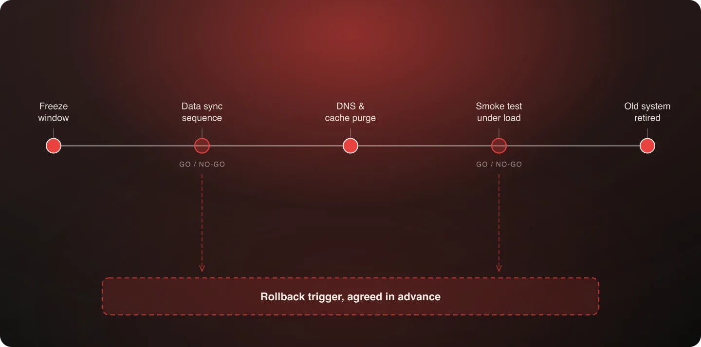An hour-by-hour cutover runbook with named go/no-go checkpoints and a rollback trigger branching off the main sequence