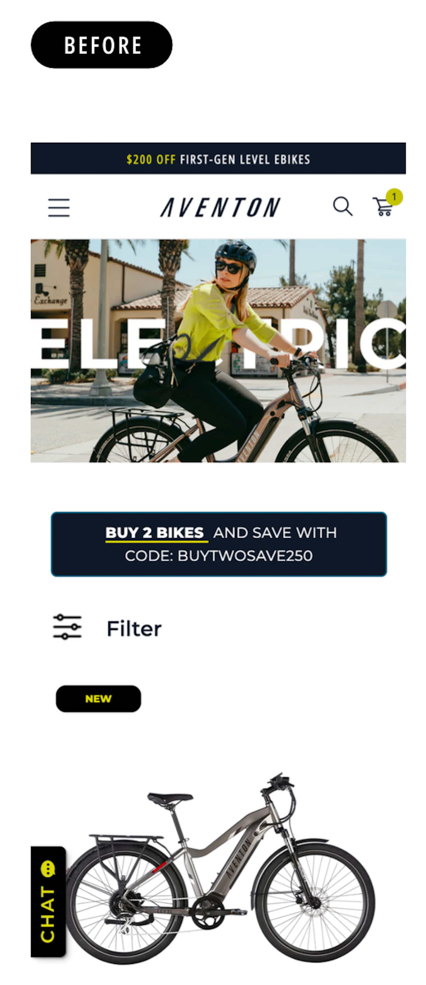An image of Aventon mobile PLPs prior to Anatta's UX optimizations.