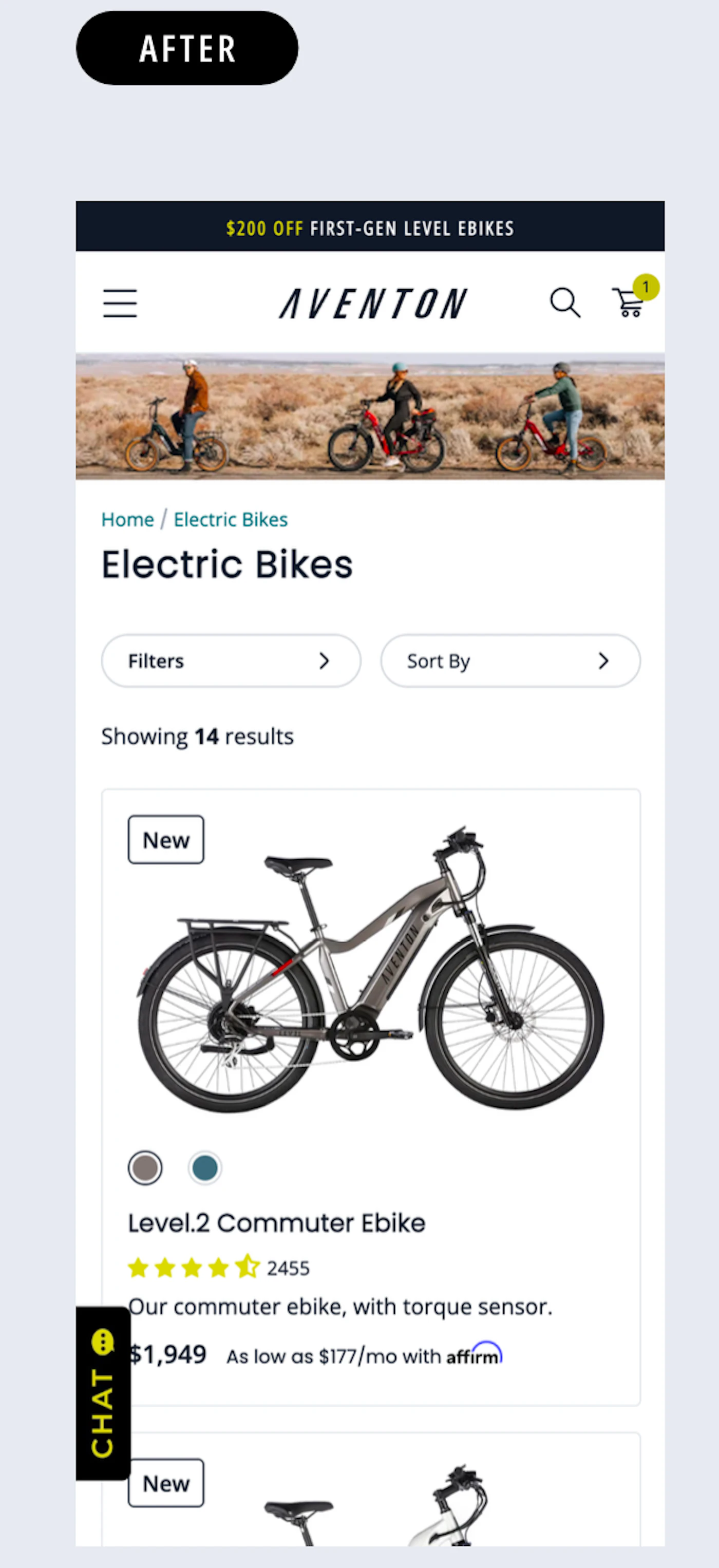 An image of Aventon mobile PLPs after Anatta's UX optimizations.