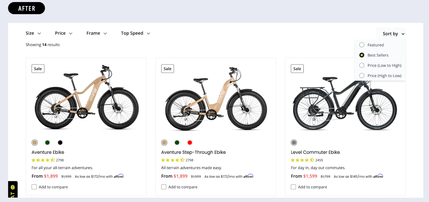 An image of Aventon PLPs after Anatta's UX optimizations.