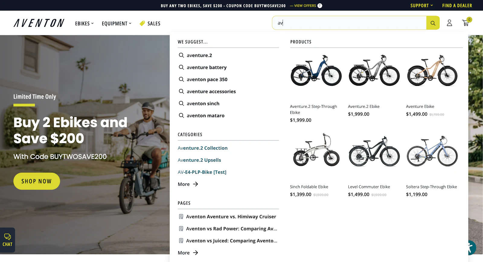 An image of Aventon's updated product search features Anatta's team designed and developed