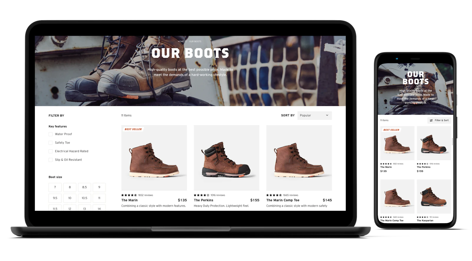 The BRUNT boots collection page shown on a laptop and a phone.