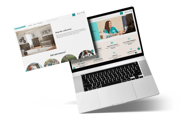 The buybuy BABY storefront shown on a laptop with a second page floating behind it.