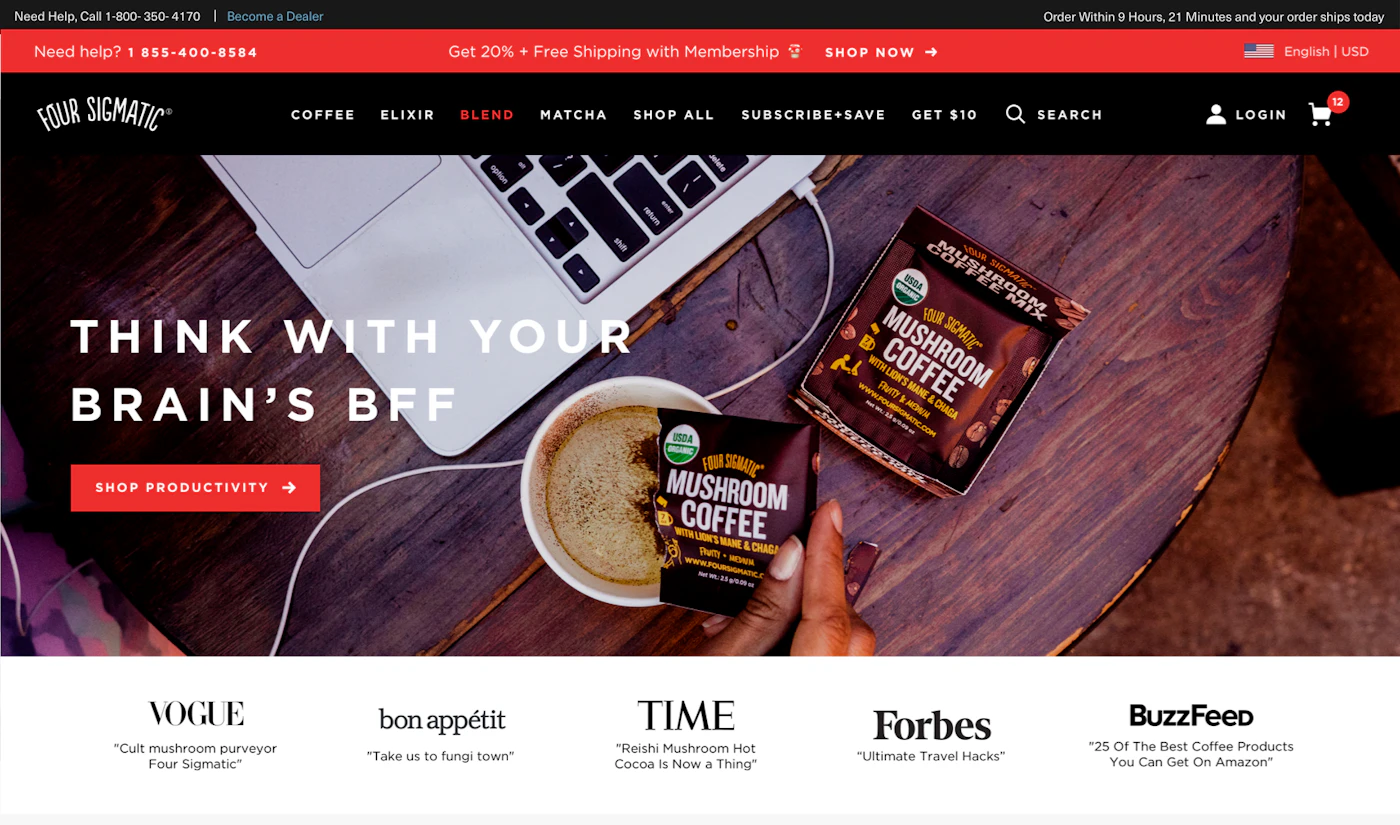 The Four Sigmatic storefront after the redesign