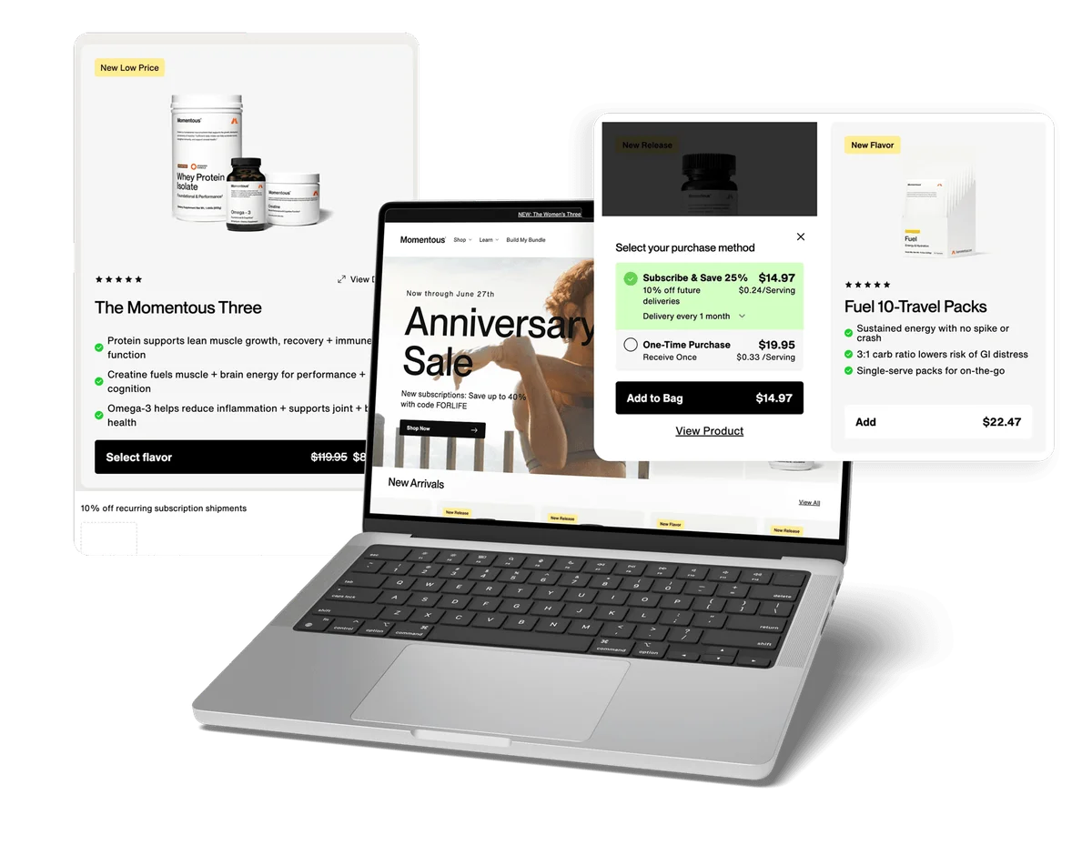 The Momentous eCommerce experience shown on a laptop, with product and subscription UI
