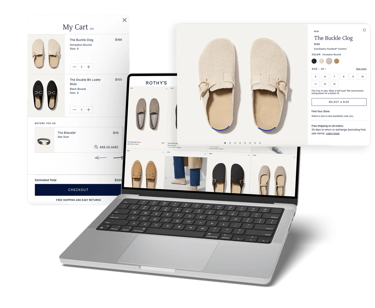 The Rothy's eCommerce experience shown on a laptop, with product detail page and cart